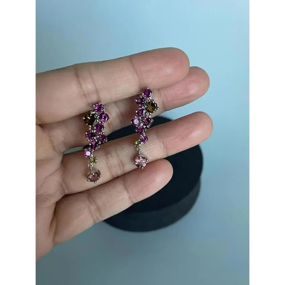 SOLD 925 Sterling Silver Earrings Round Tourmaline Rhodolite Garnet Gemstone - Picture 7 of 8
